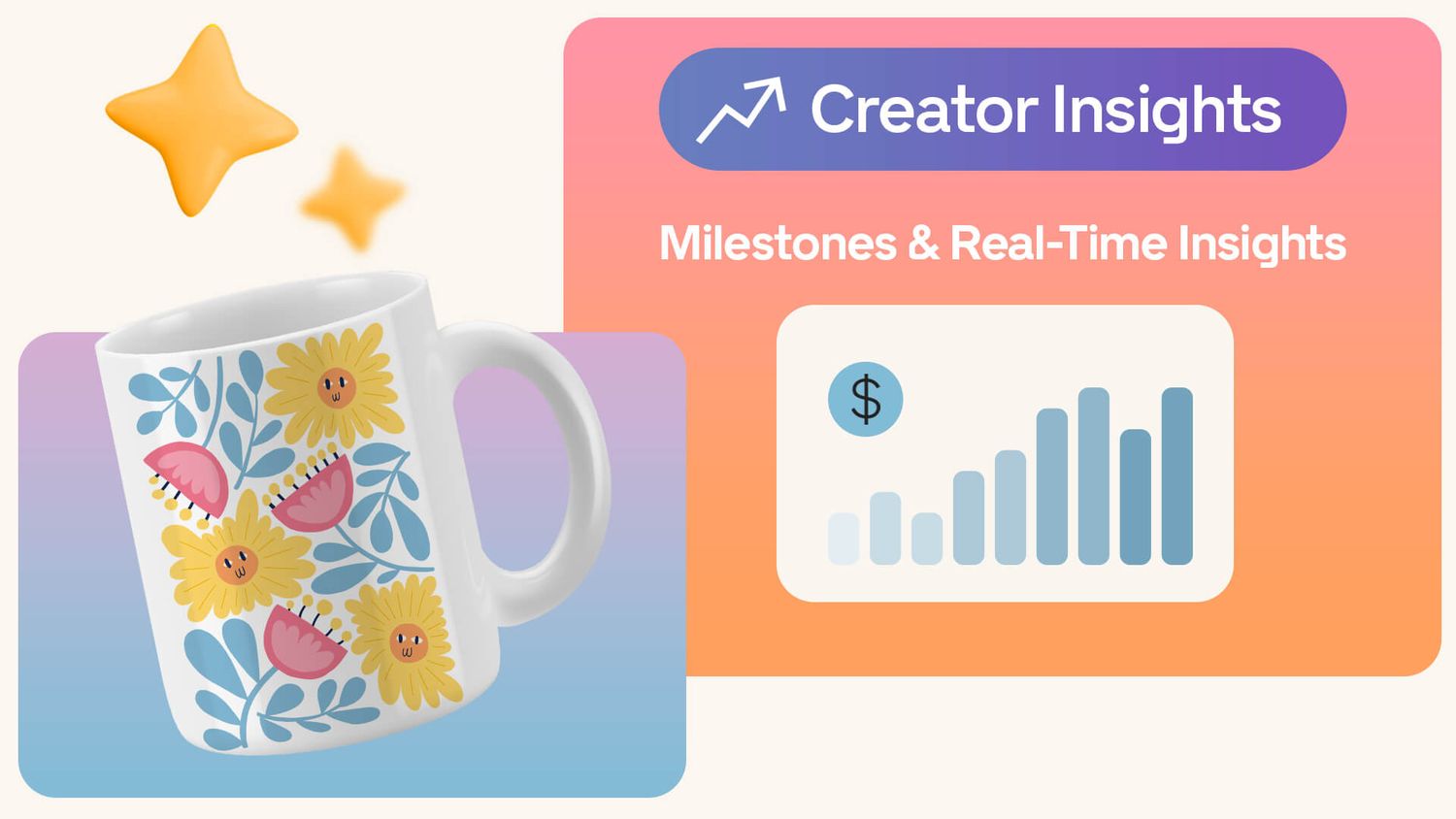 A mug with a floral design next to a chart and text: "Creator Insights: Milestones & Real-Time Insights" on a colorful background.