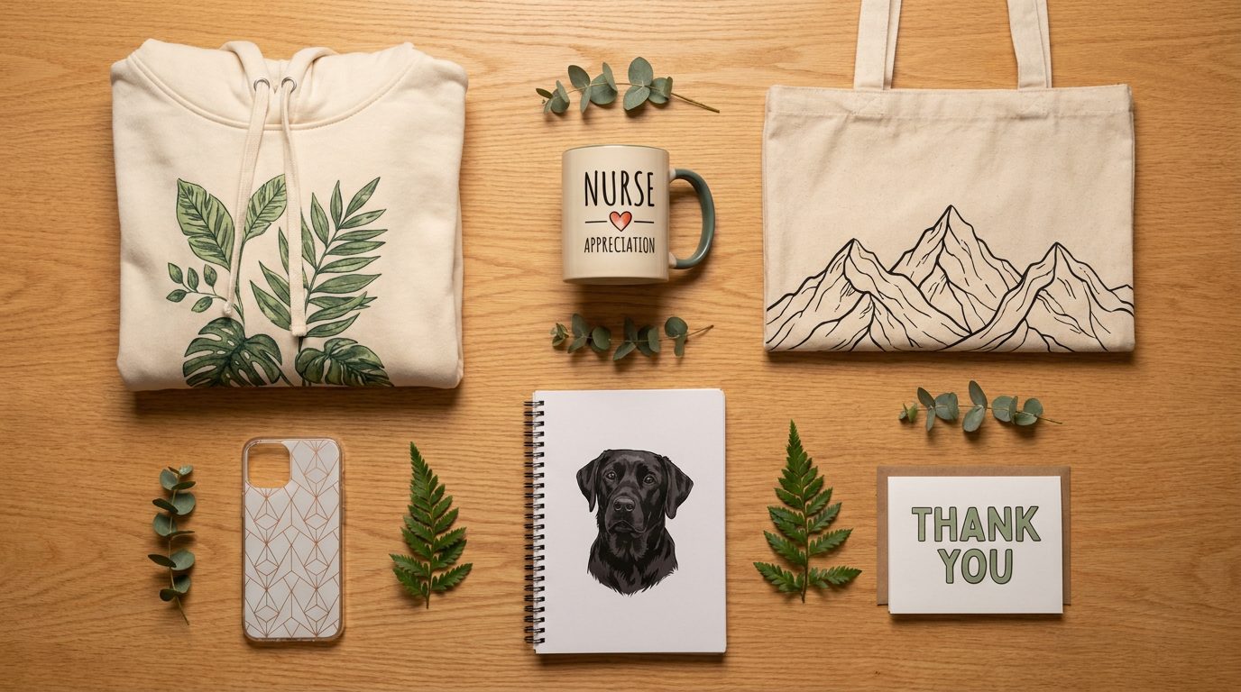 Flat-lay of niche print-on-demand products across multiple Instagram niche categories