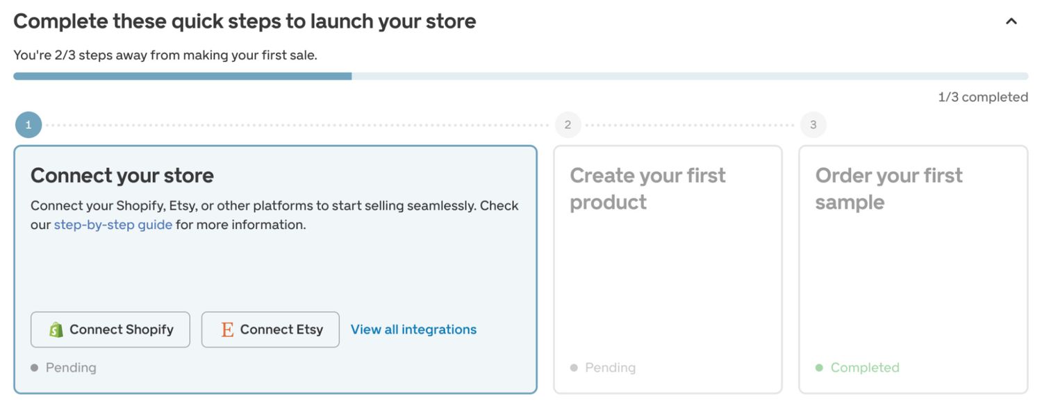 Progress bar showing "2/3 steps away from making your first sale" with steps: Connect your store (completed), Create your first product, Order your first sample.