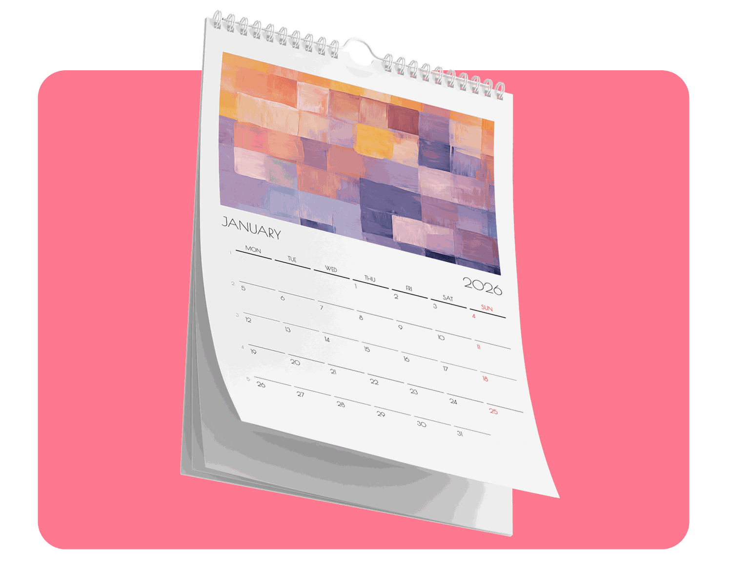 Wall calendar open to January 2023, featuring abstract art with pink, orange, and purple squares on a pink background.