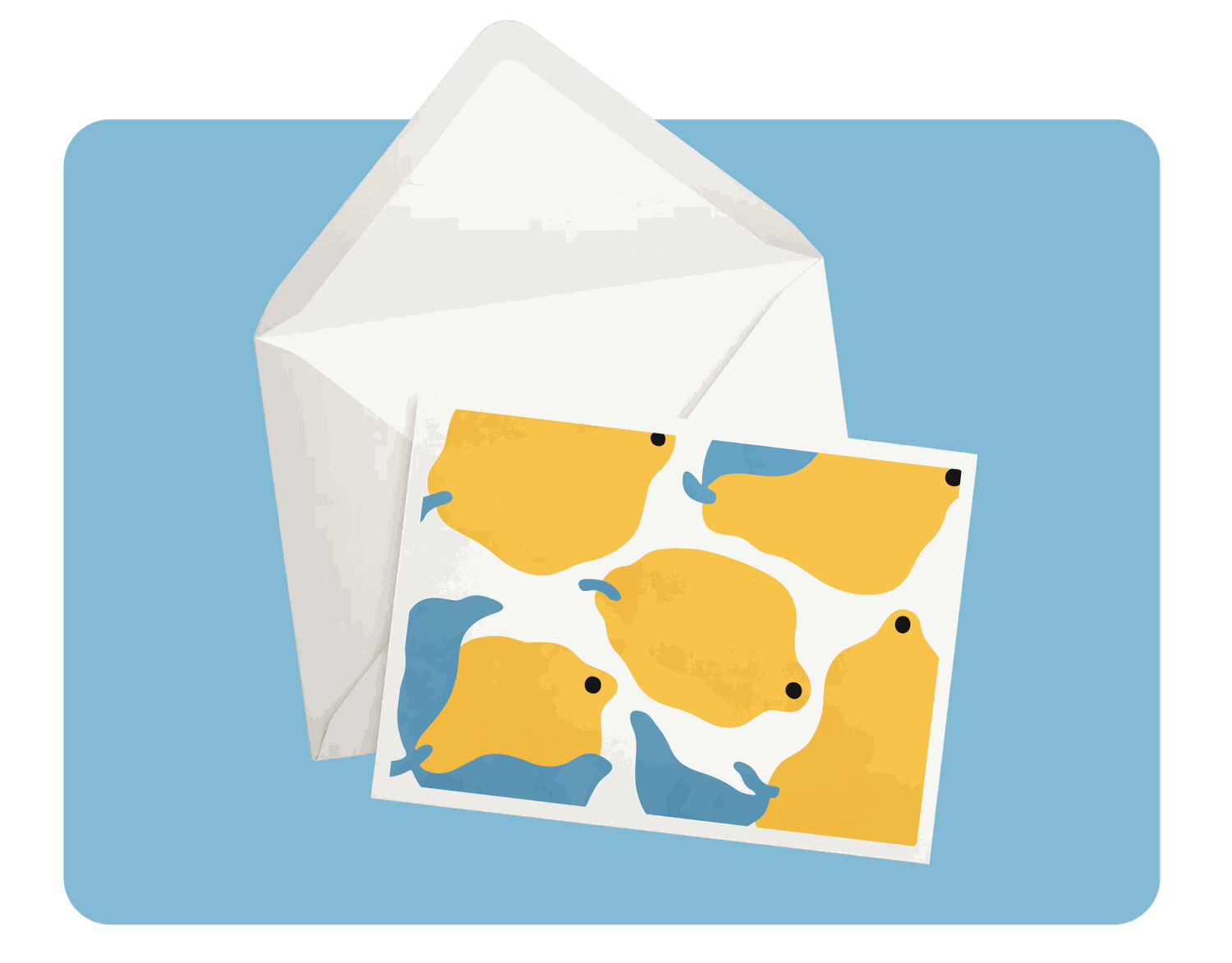 Open white envelope on blue surface with a card featuring abstract yellow and blue shapes.