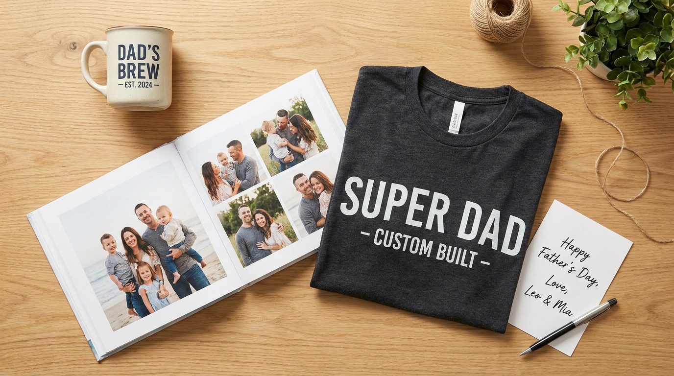 Flat lay of personalised Father's Day gifts including a mug, photo book, and custom t-shirt