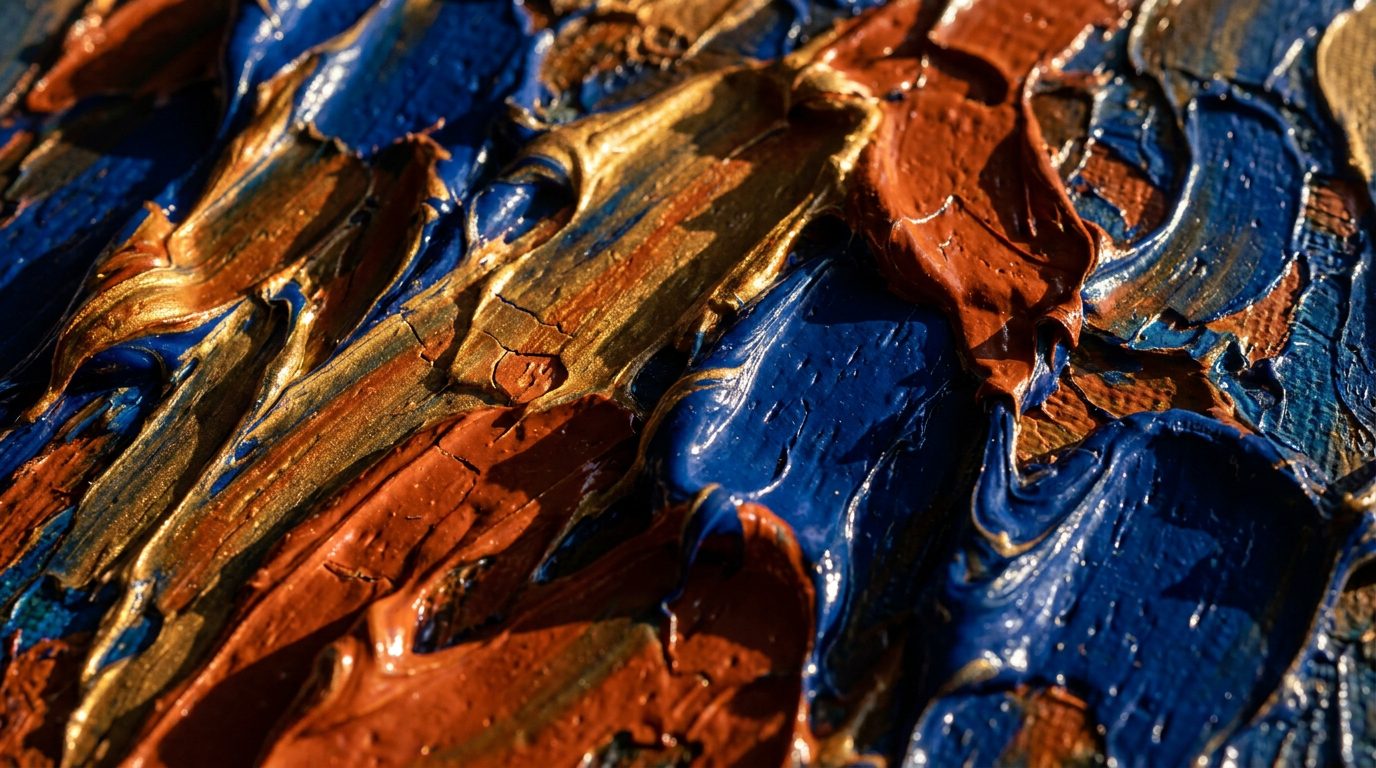 Close-up macro detail of an abstract oil painting with thick impasto brushstrokes in blue and orange