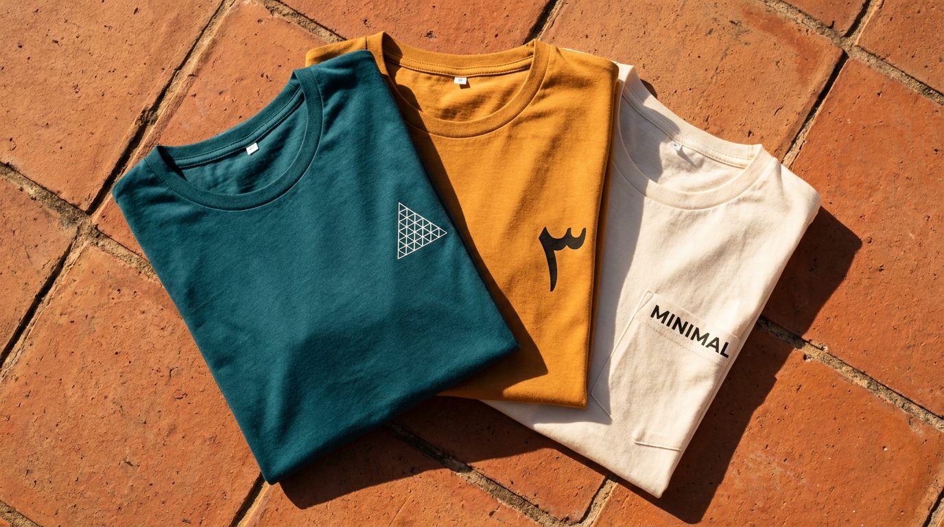 Custom t-shirts photographed in direct warm sunlight on terracotta tile — the visual register UAE buyers are used to seeing