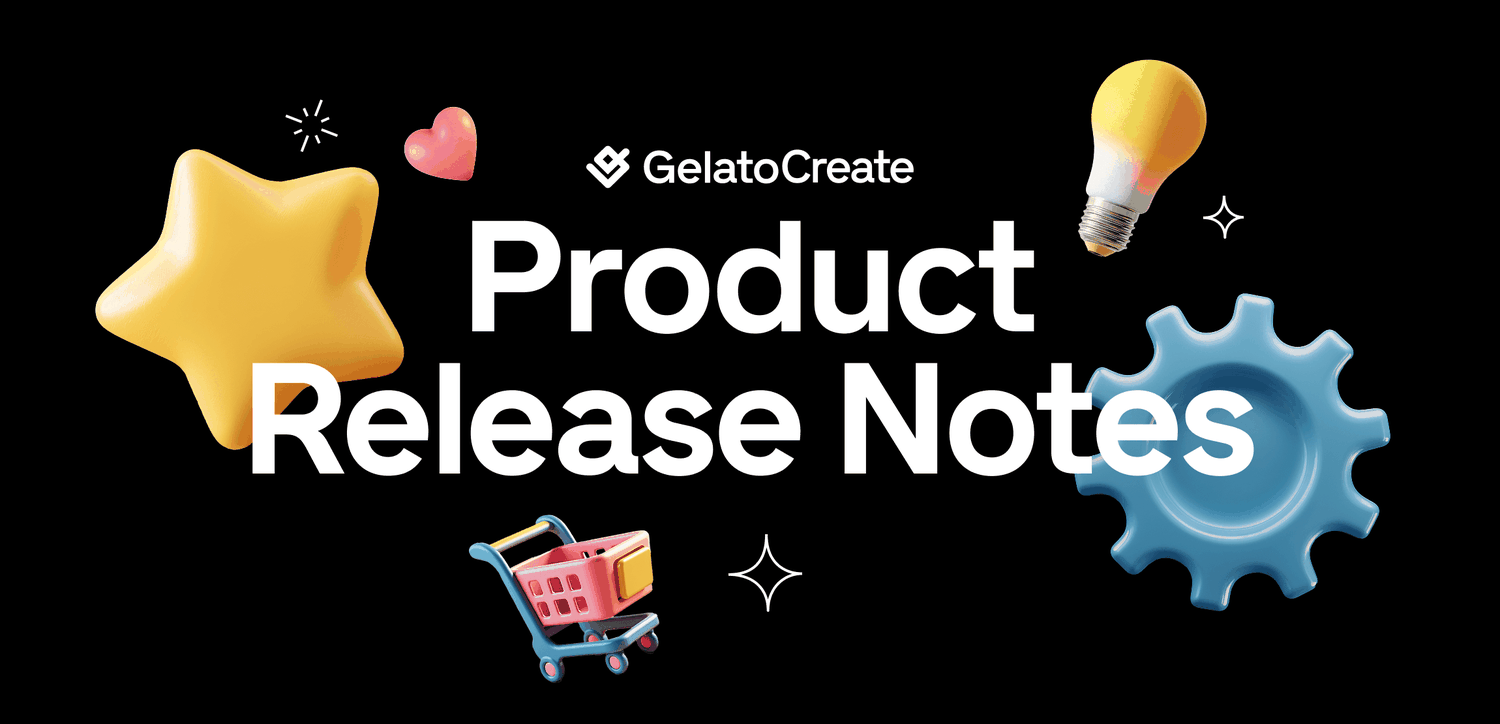 "Product Release Notes" text with 3D icons: star, heart, lightbulb, gear, and shopping cart on a black background.