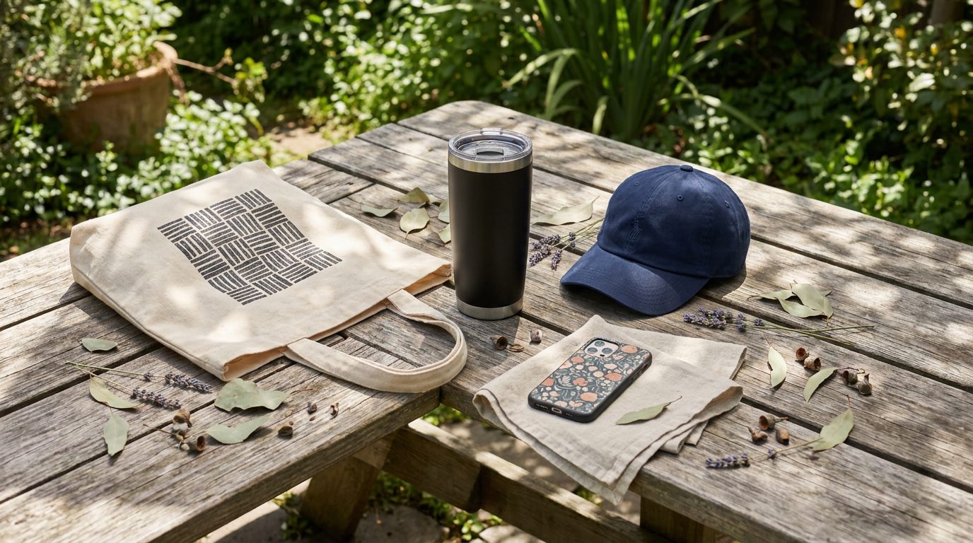 Canvas tote bag, insulated tumbler, baseball cap, and custom phone case — the products that have a natural summer tailwind most POD sellers miss