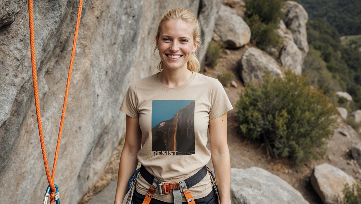 Woman wearing a t-shirt from Yosemite Climbing Association