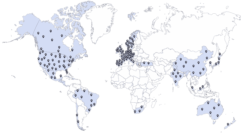 A world map showing the 32 countries where prints are produced.