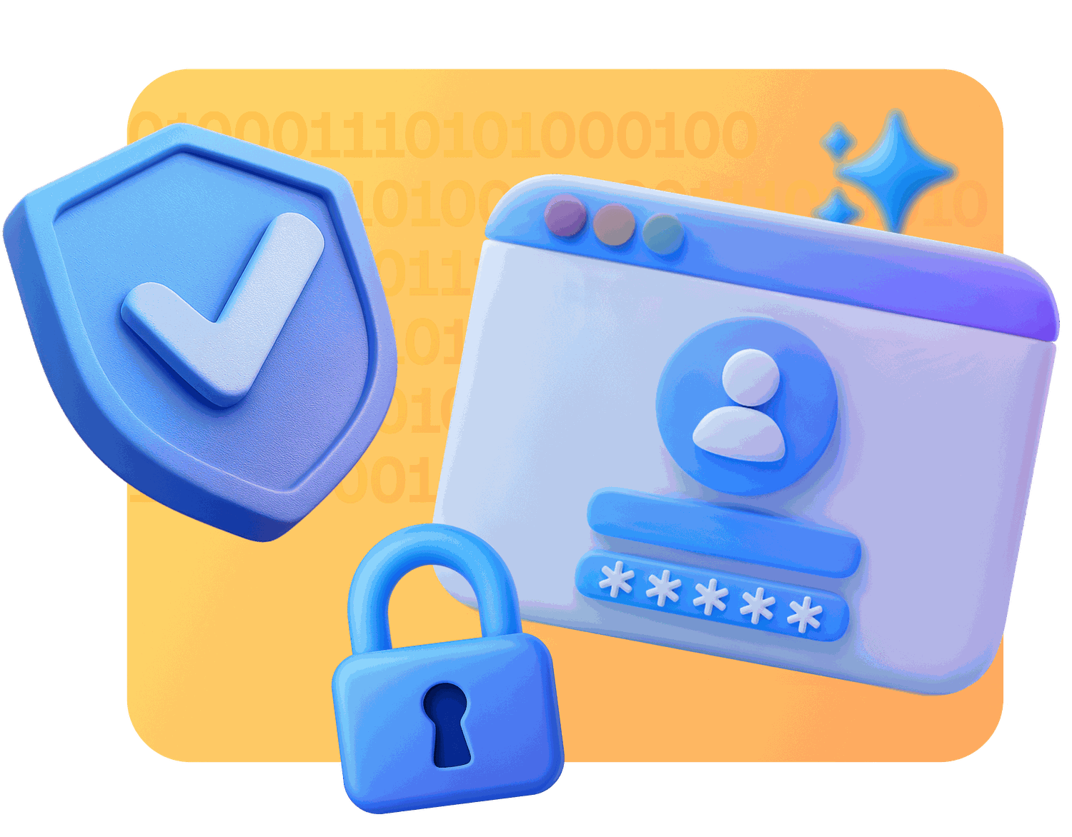 3D illustration of a web login screen with a user icon and password field, surrounded by a shield with a checkmark and a padlock, on a gradient background.
