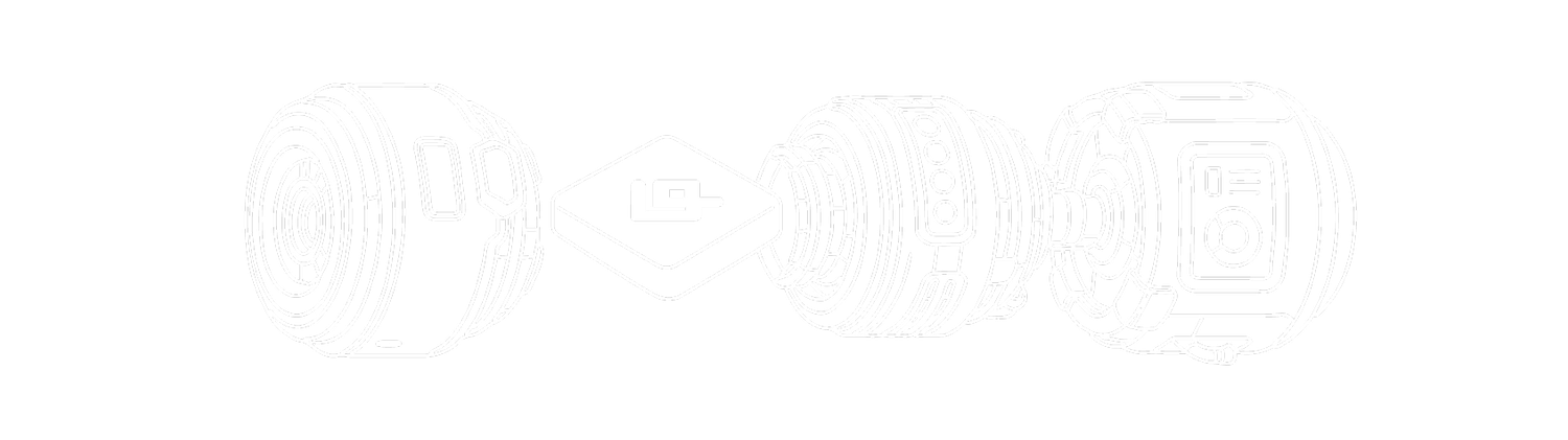 Line art of a disassembled mechanical object with three circular components and a central diamond-shaped logo on a black background.