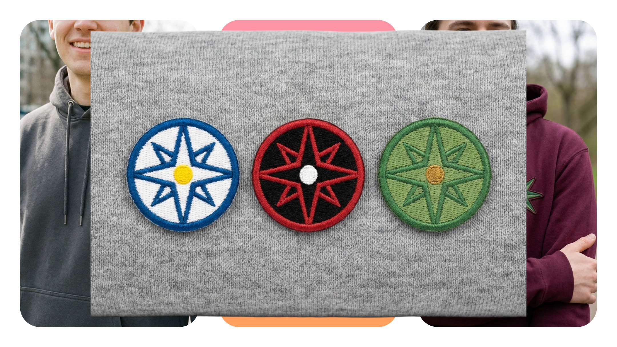 Three embroidered badges in different thread color combinations within a 15-color embroidery palette, shown on hoodie fleece