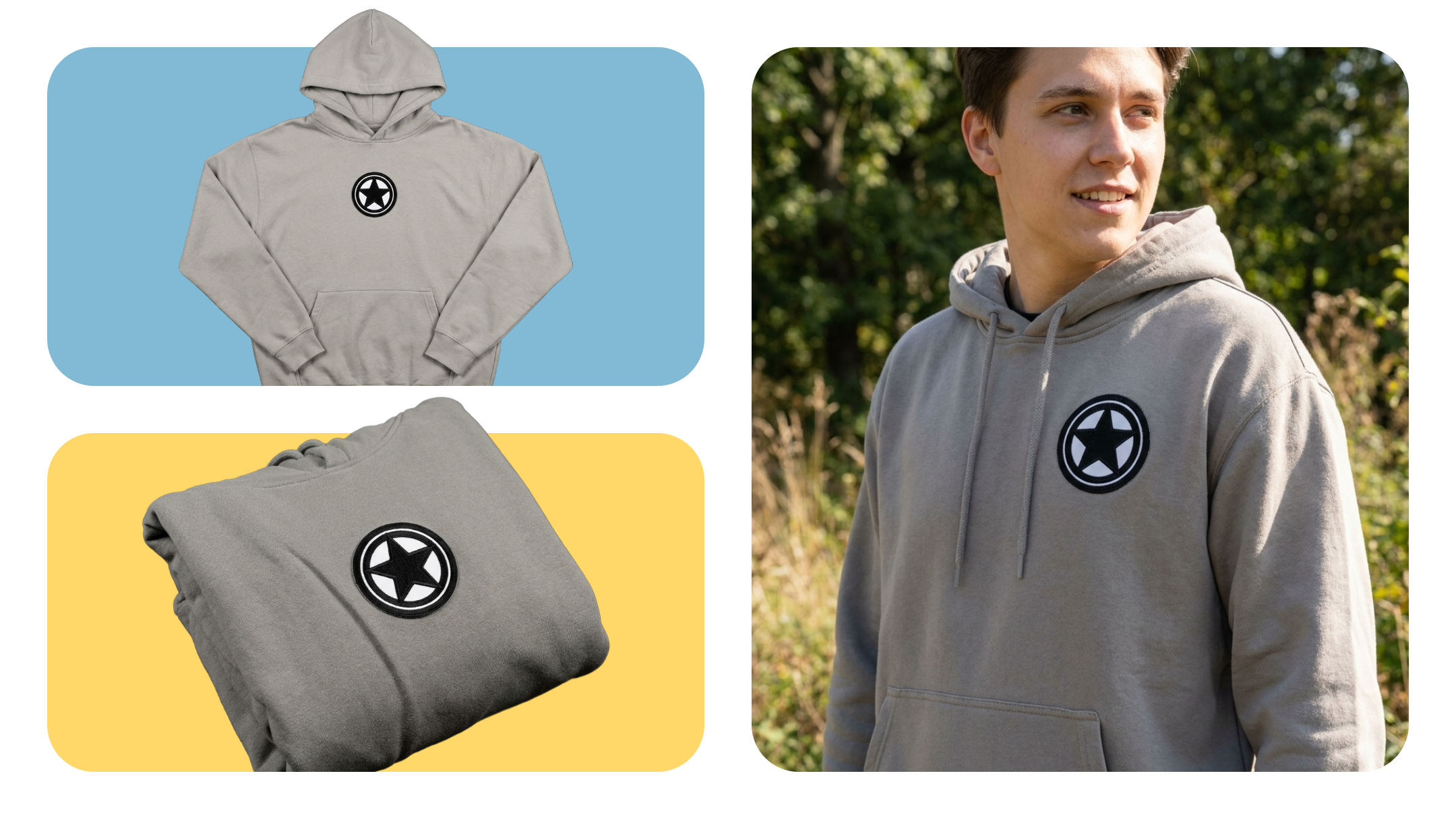 Stone gray hoodies showing a simple, bold embroidered star badge design from flat, folded, and worn angles