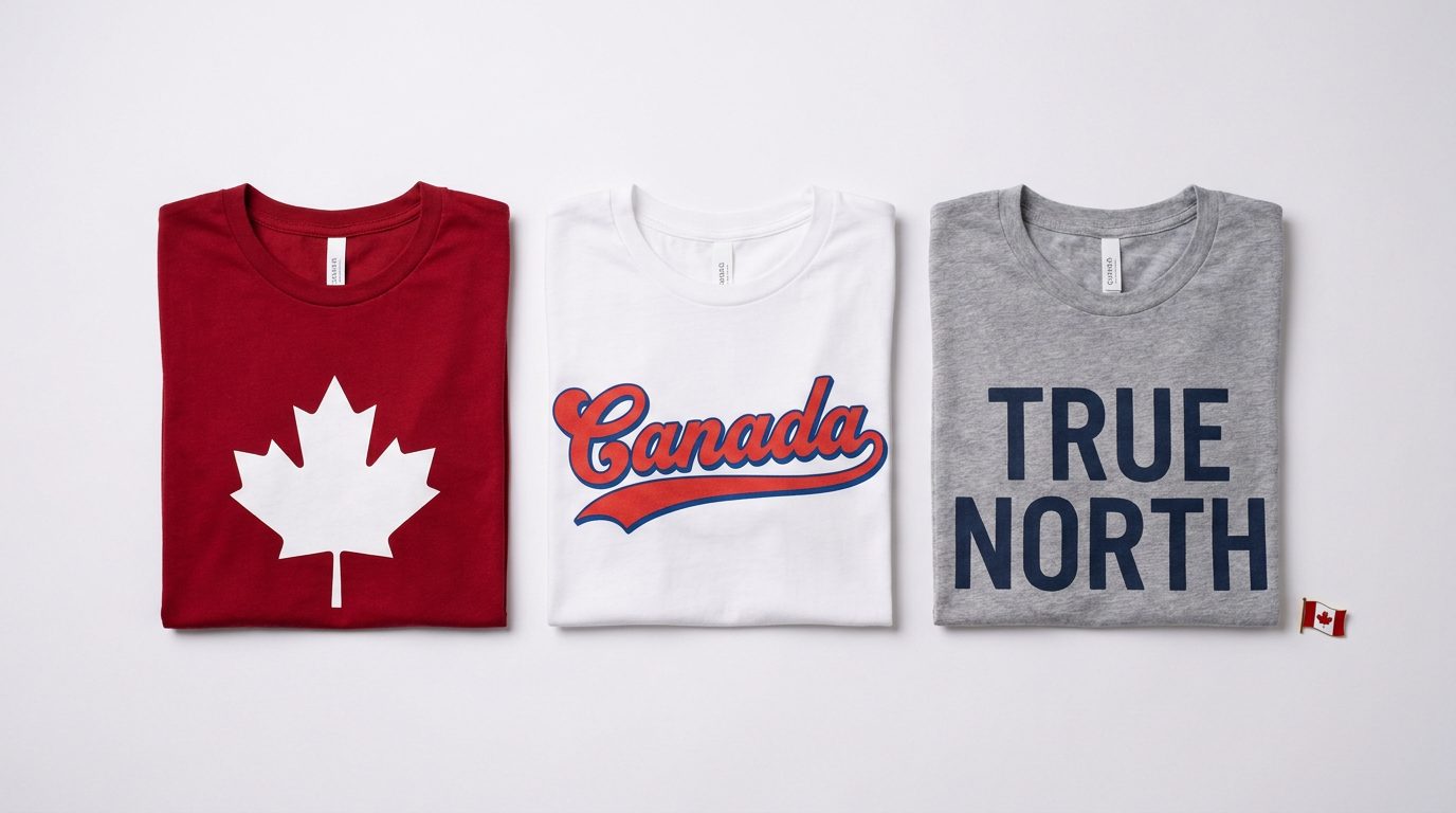 Flat-lay of custom Canada Day t-shirt designs in red and white