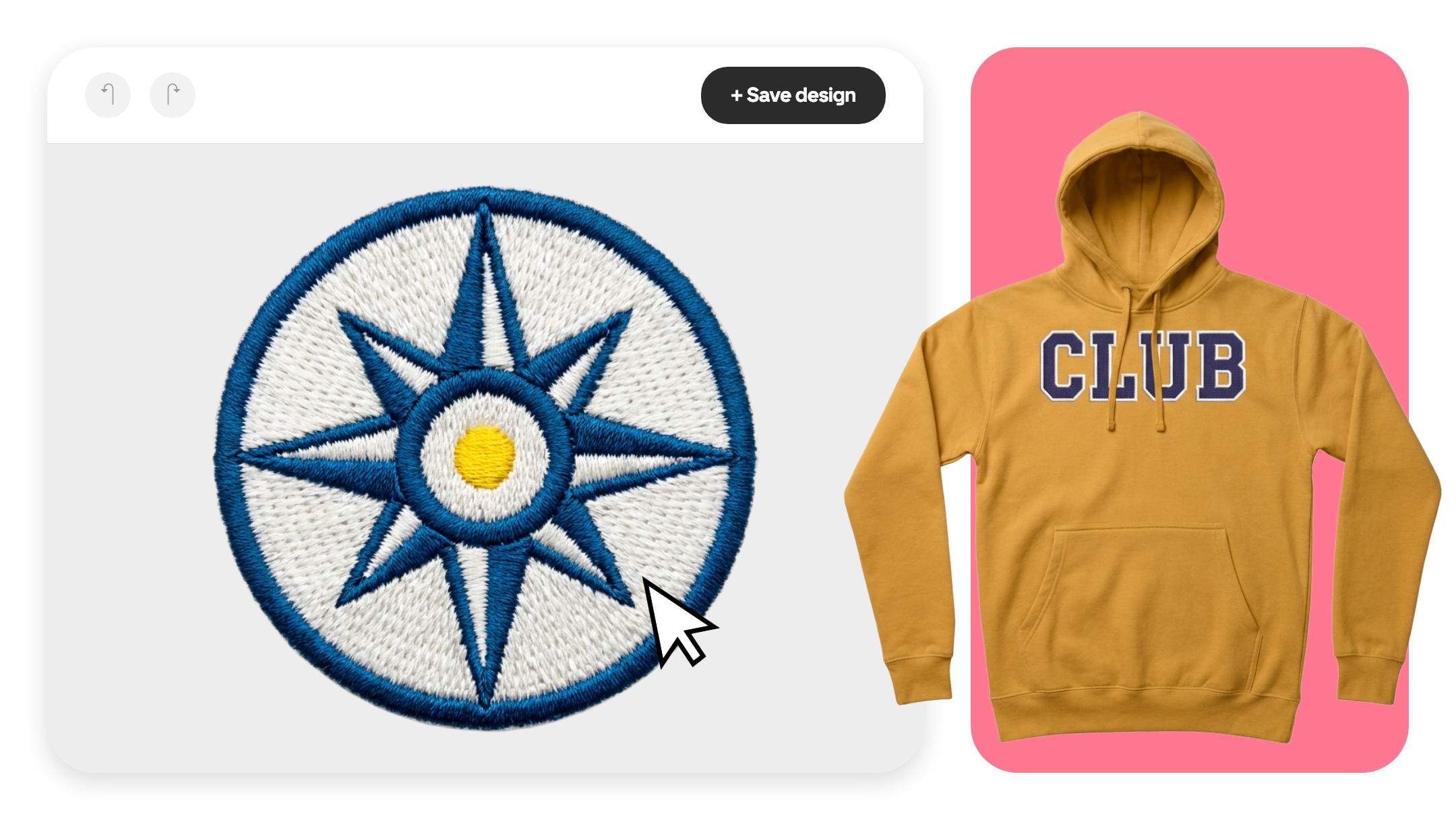 A design tool mockup showing a compact left-chest logo next to a hoodie with an embroidered wordmark across the chest