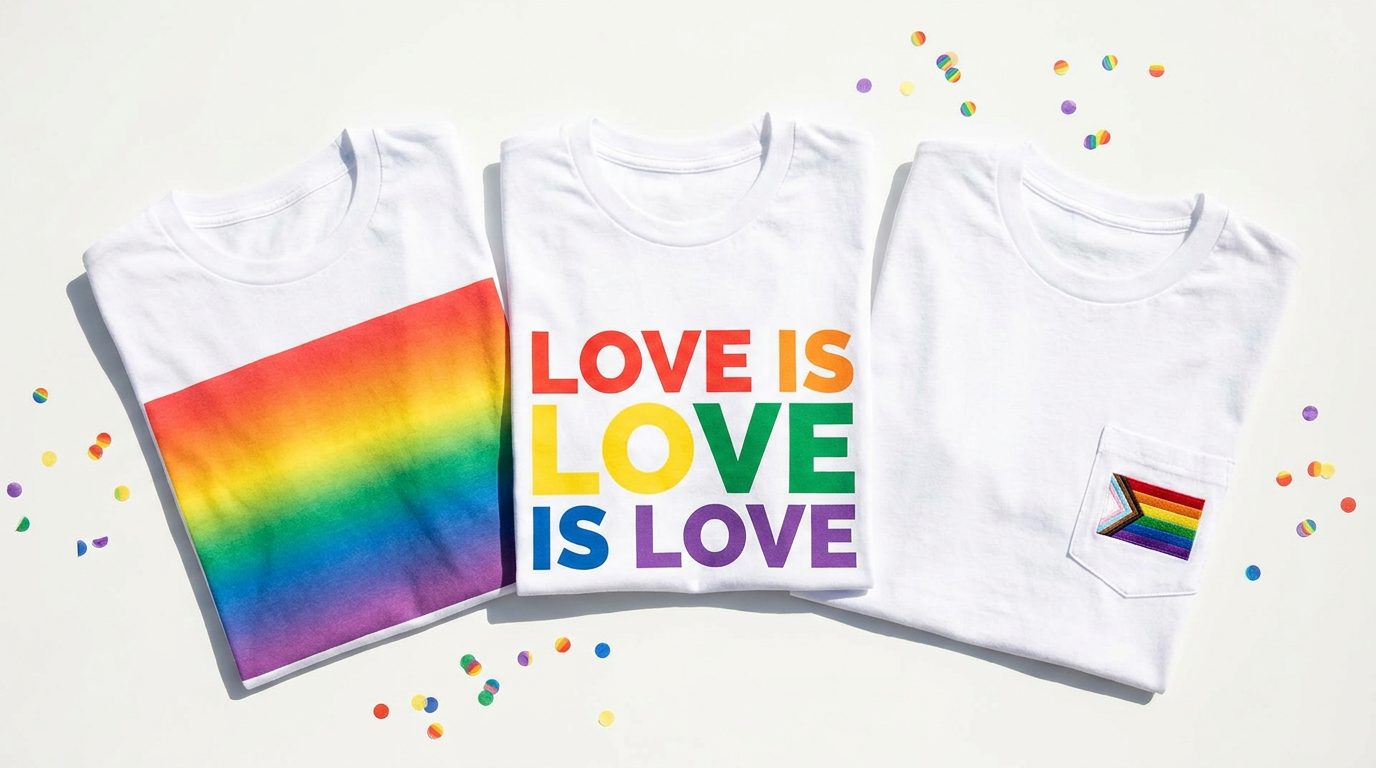 Flat lay of three custom Pride t-shirts showing rainbow gradient, typographic slogan, and minimalist progress flag designs