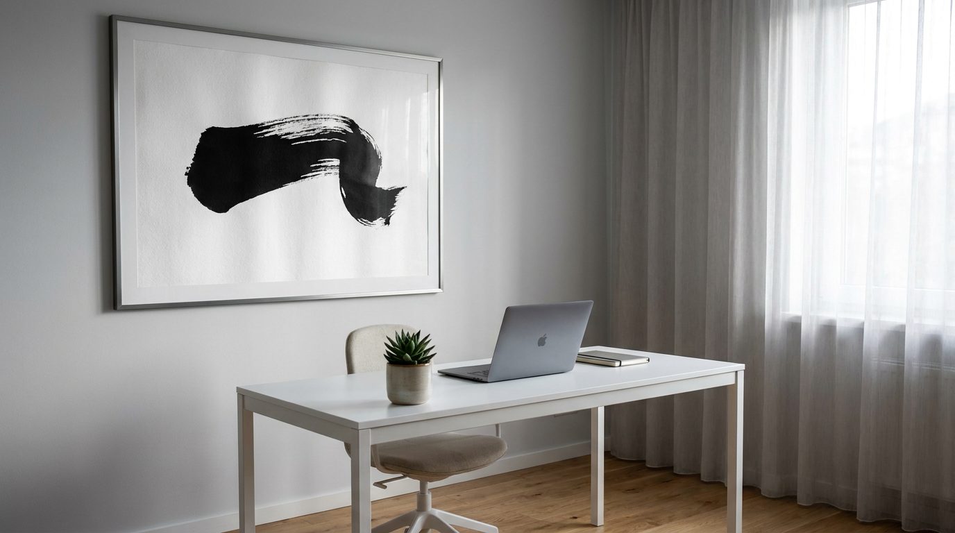 Home office with a bold modern art brushstroke print in thin steel frame above a white desk