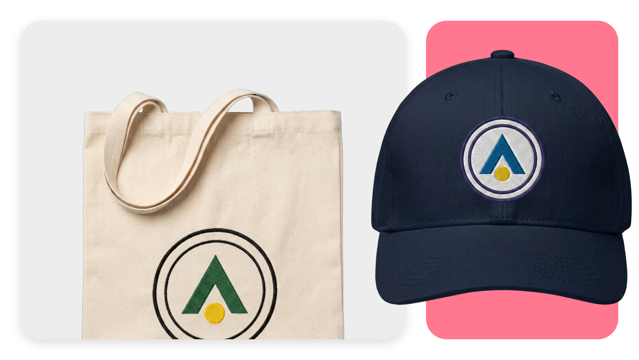 An embroidered logo digitized with satin, run, and tatami stitch types on a tote bag and a cap