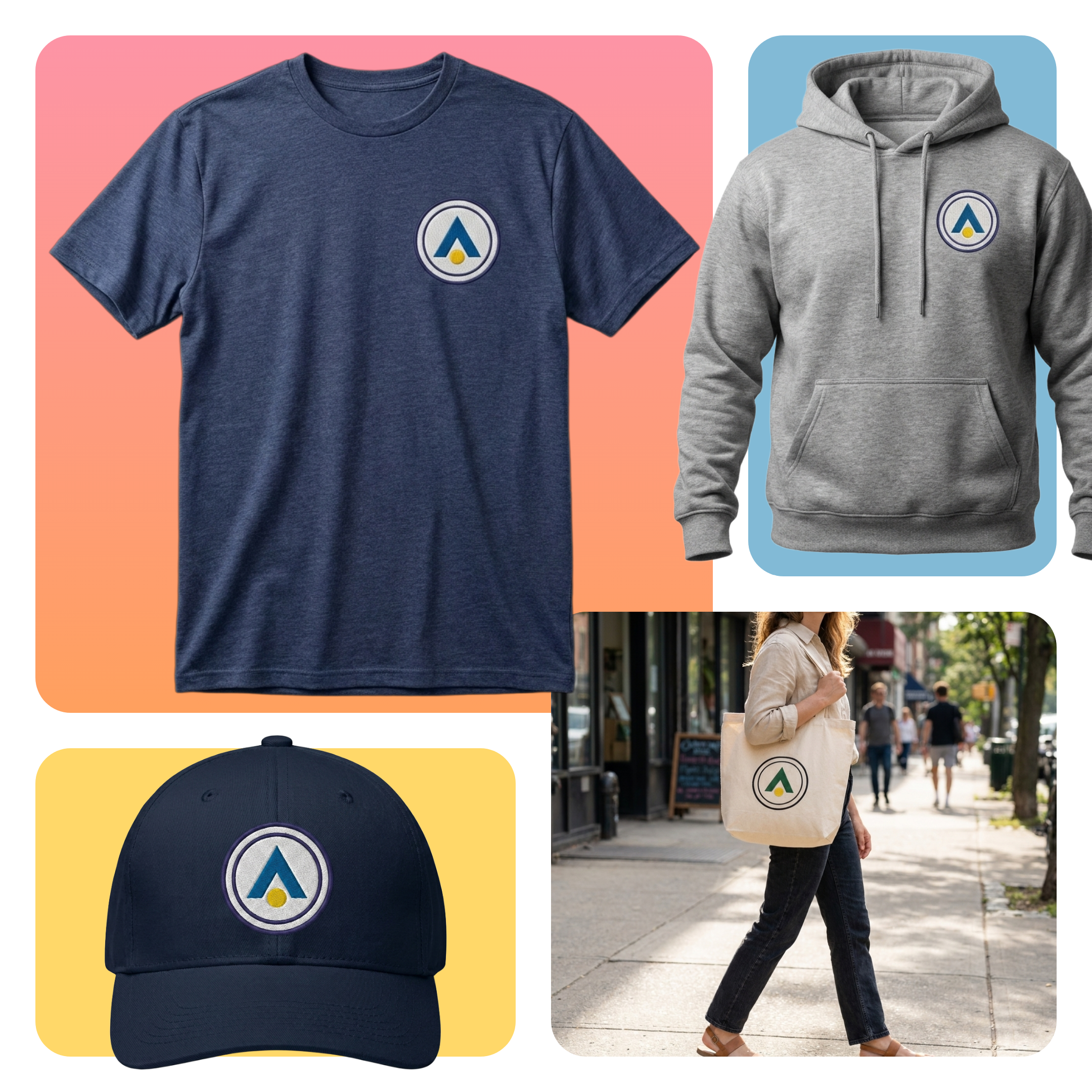 Logo embroidered onto a shirt, hoodie, cap, and tote bag through Gelato production on demand