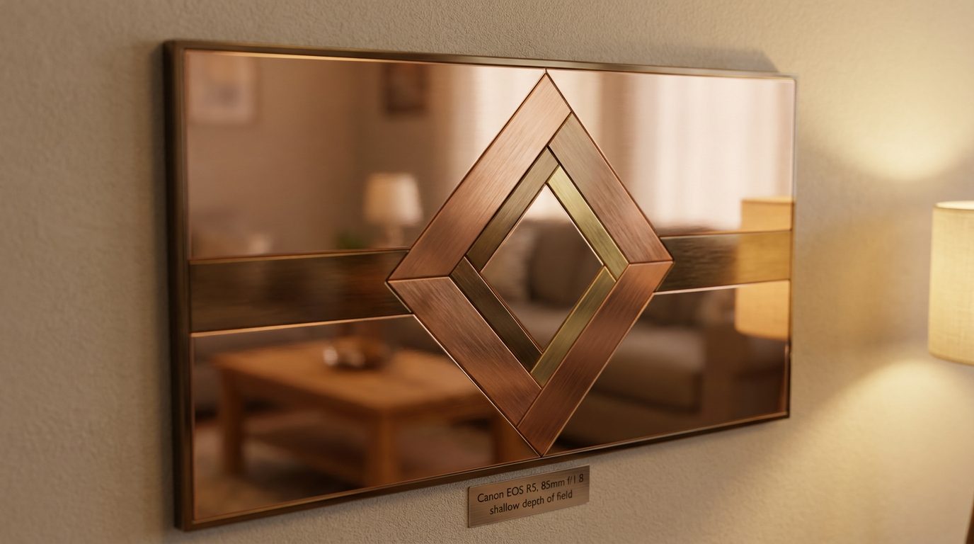 Close-up of a polished metal art panel with a copper geometric design mounted on a wall