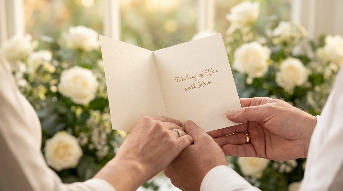 Two pairs of hands holding an open sympathy greeting card together