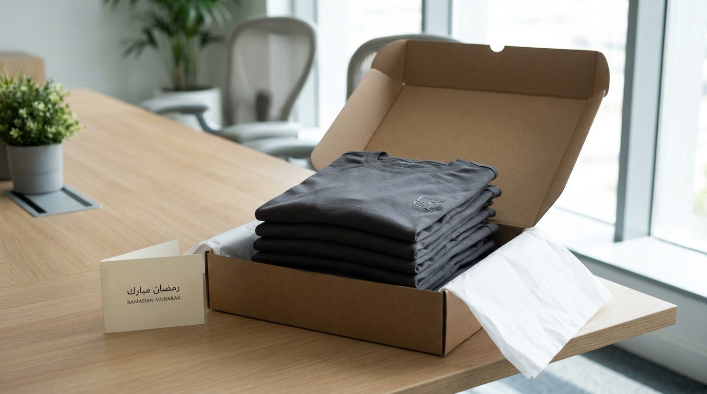 Ramadan corporate gift — custom t-shirts folded and presented in a kraft gift box on a boardroom table