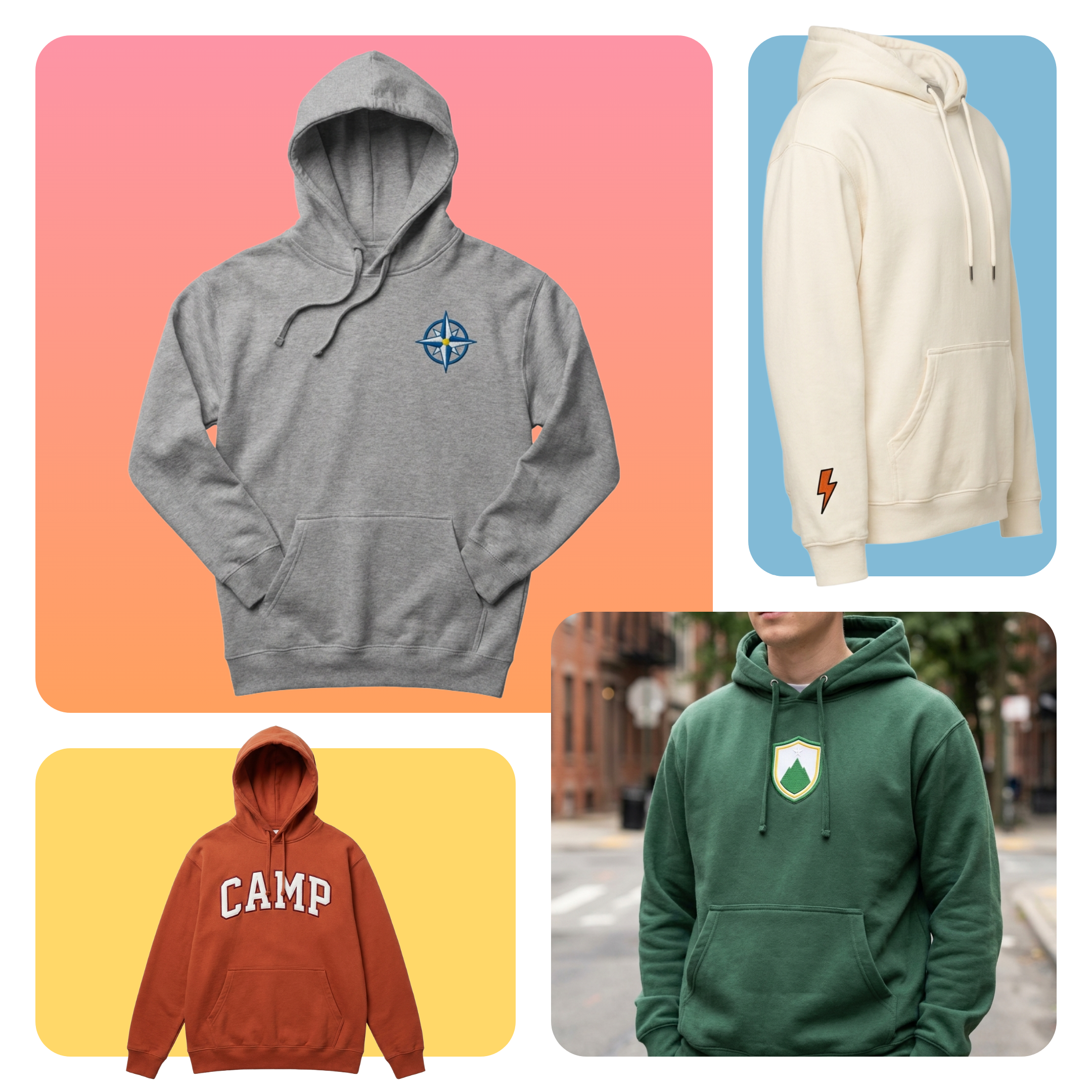 Custom embroidered hoodies made with left-chest, wordmark, and lower-sleeve embroidery through Gelato production on demand