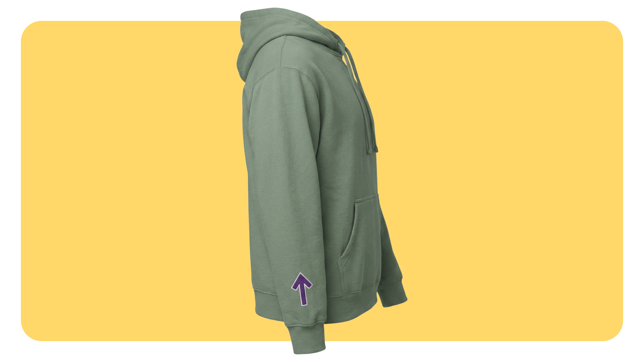 Sage green hoodie with an arrow embroidery design on the lower sleeve near the cuff, made through Gelato production on demand