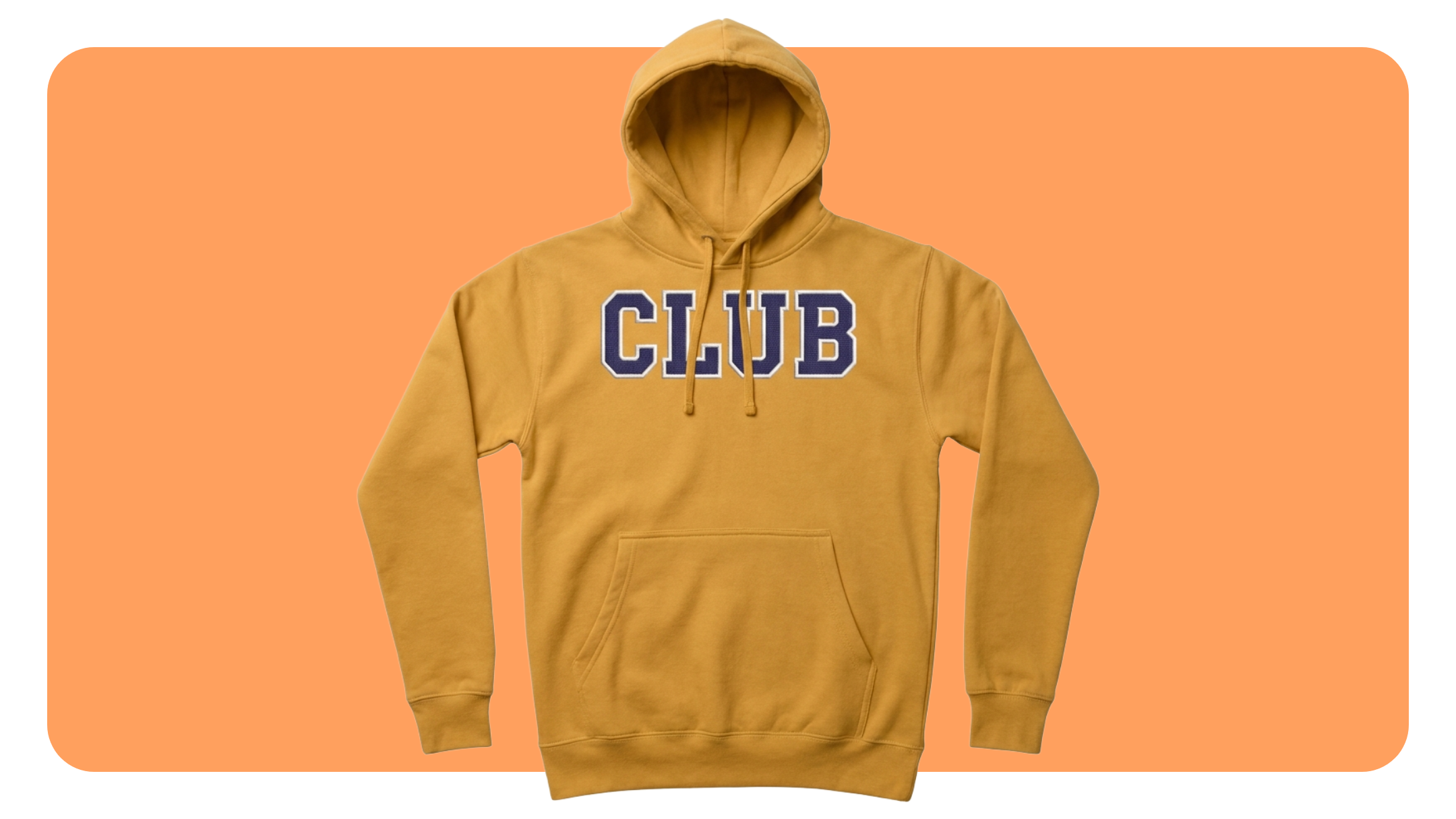 Mustard yellow hoodie with an embroidered varsity wordmark design, made through Gelato production on demand