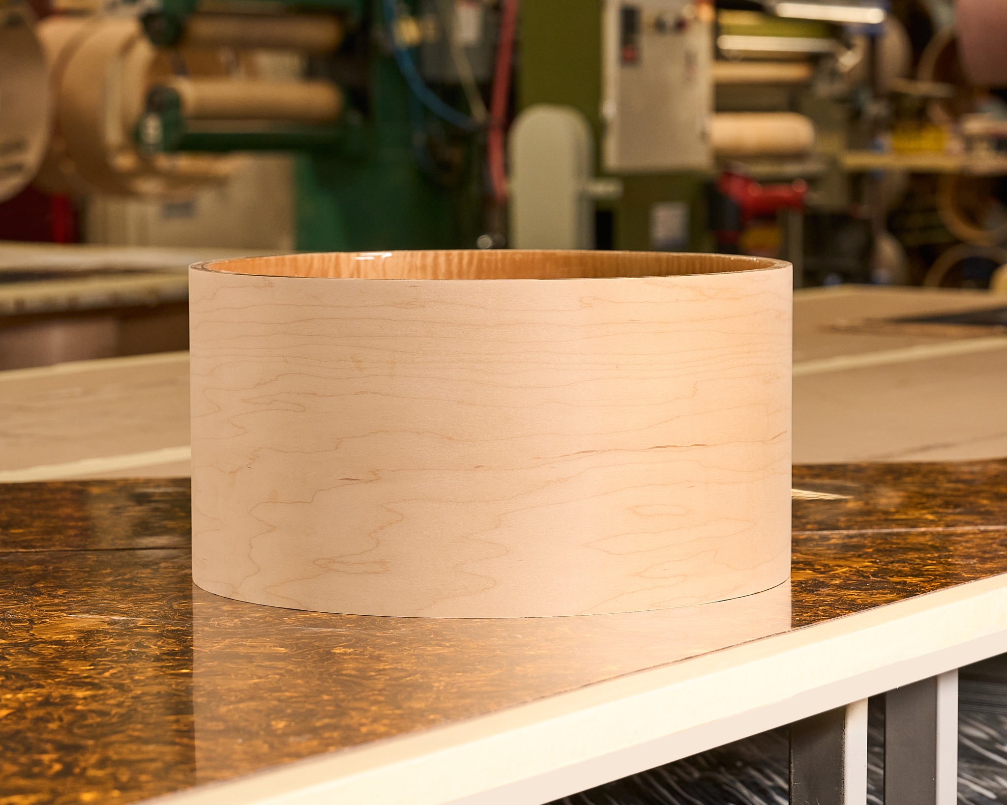 Henna's canvas: Collector's Series snare shells arrive with an interior lacquer. Prepped shell over Gold Abalone FinishPly