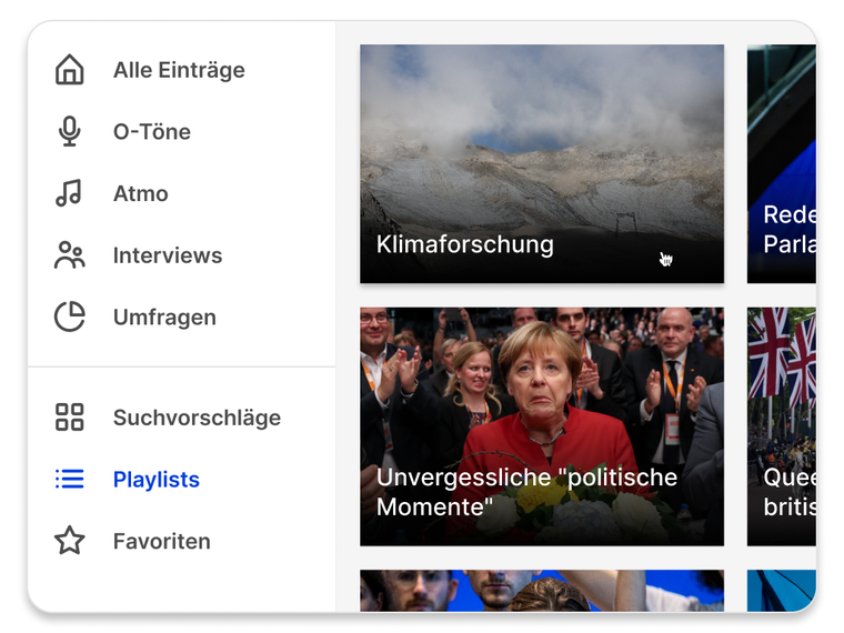 Screenshot der Übersicht über aktuelle Playlists im dpa-Audio Hub