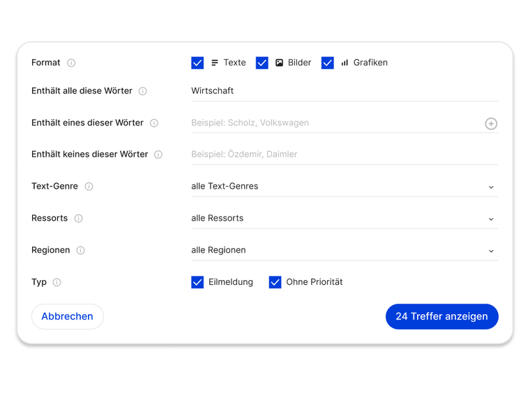 Screenshot von der Erweiterten Suche in dpa-Select
