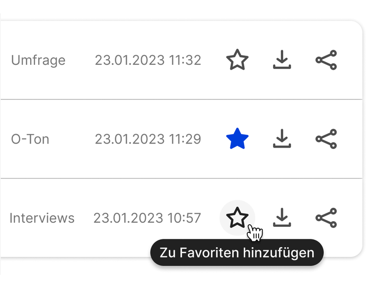 Screenshot einer Favoritenliste mit O-Tönen im dpa-Audio Hub