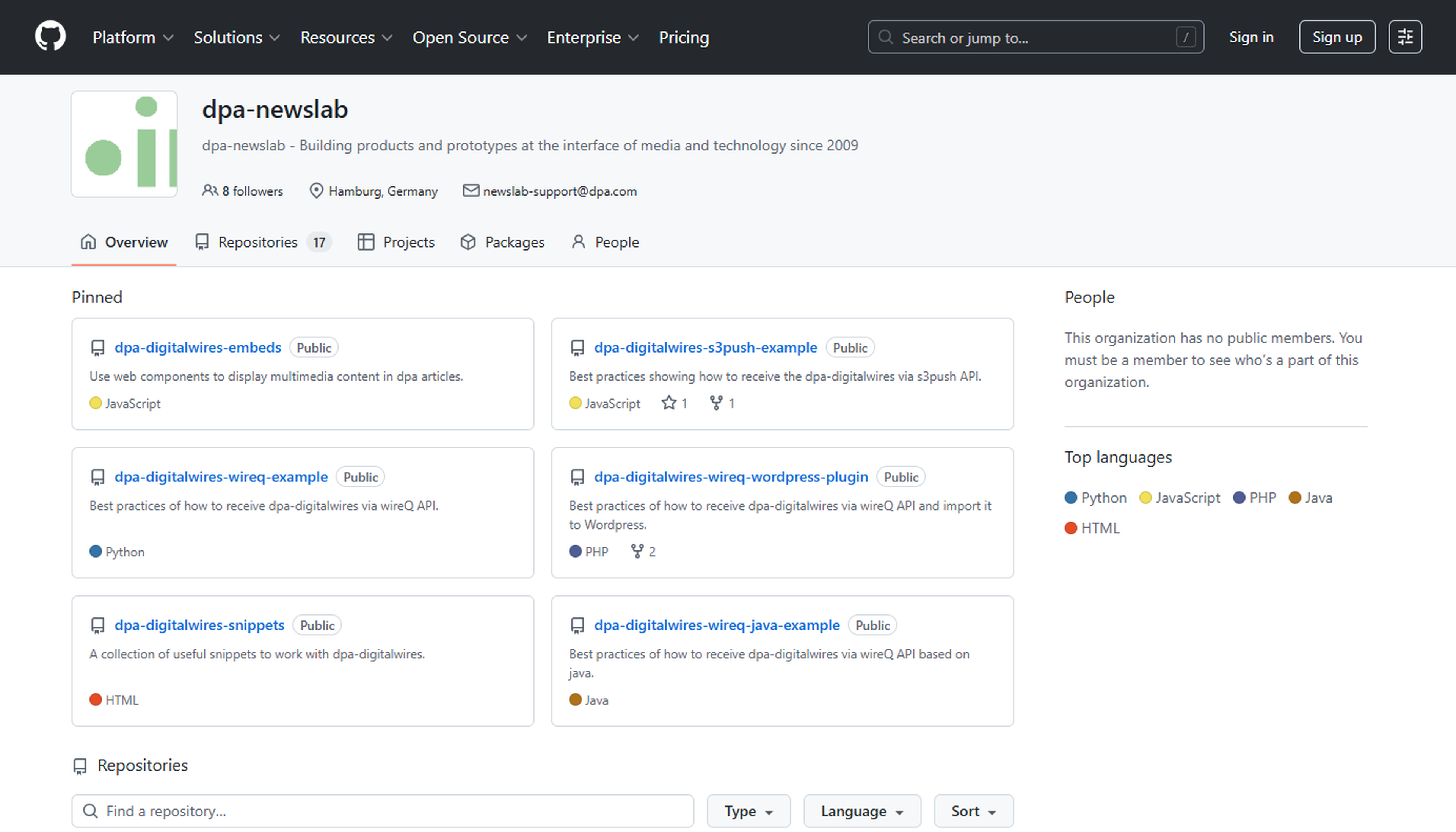 Screenshot des dpa-github