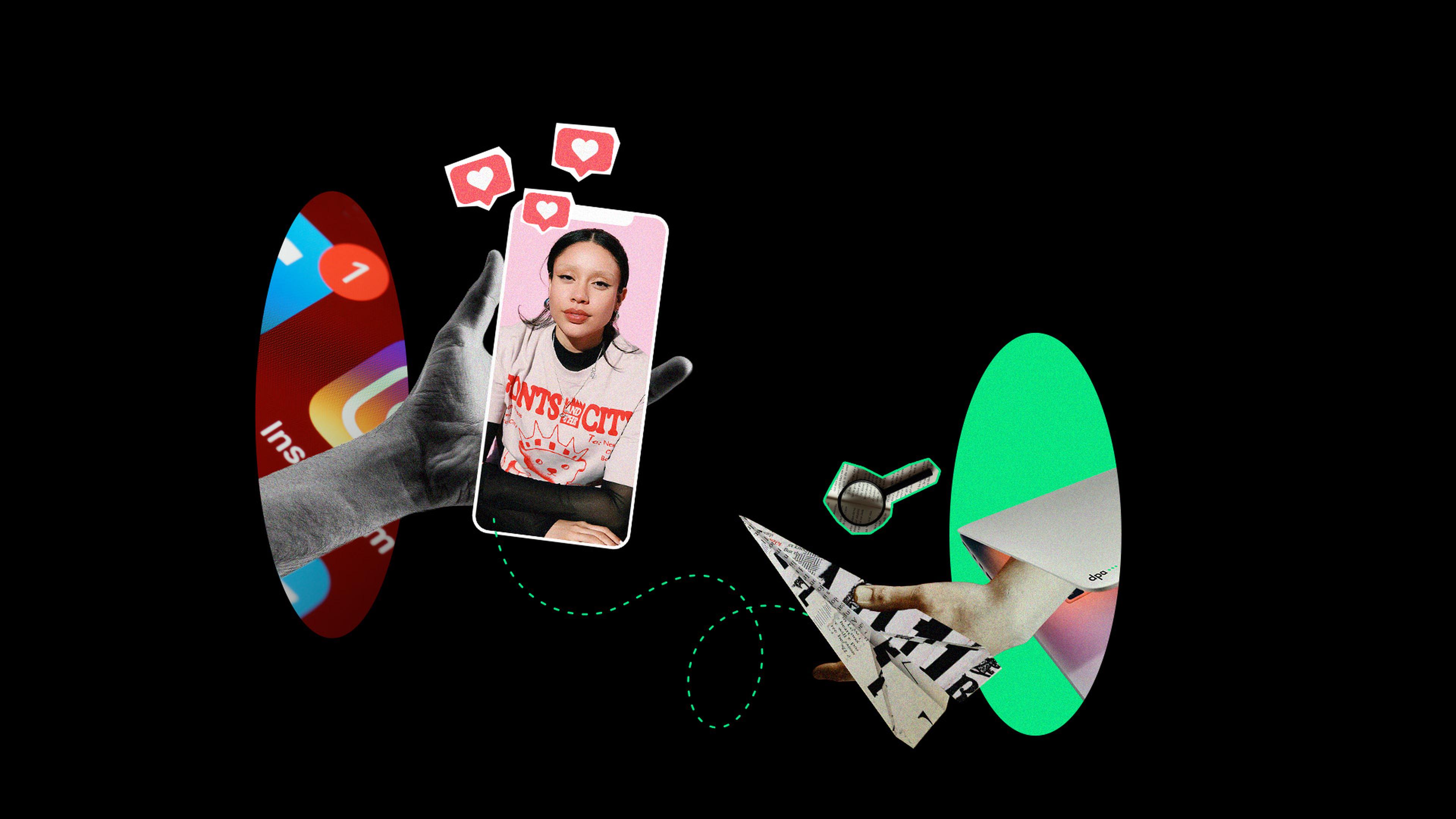 Key Visual: Smartphone mit Likes und Laptop mit dpa-Logo