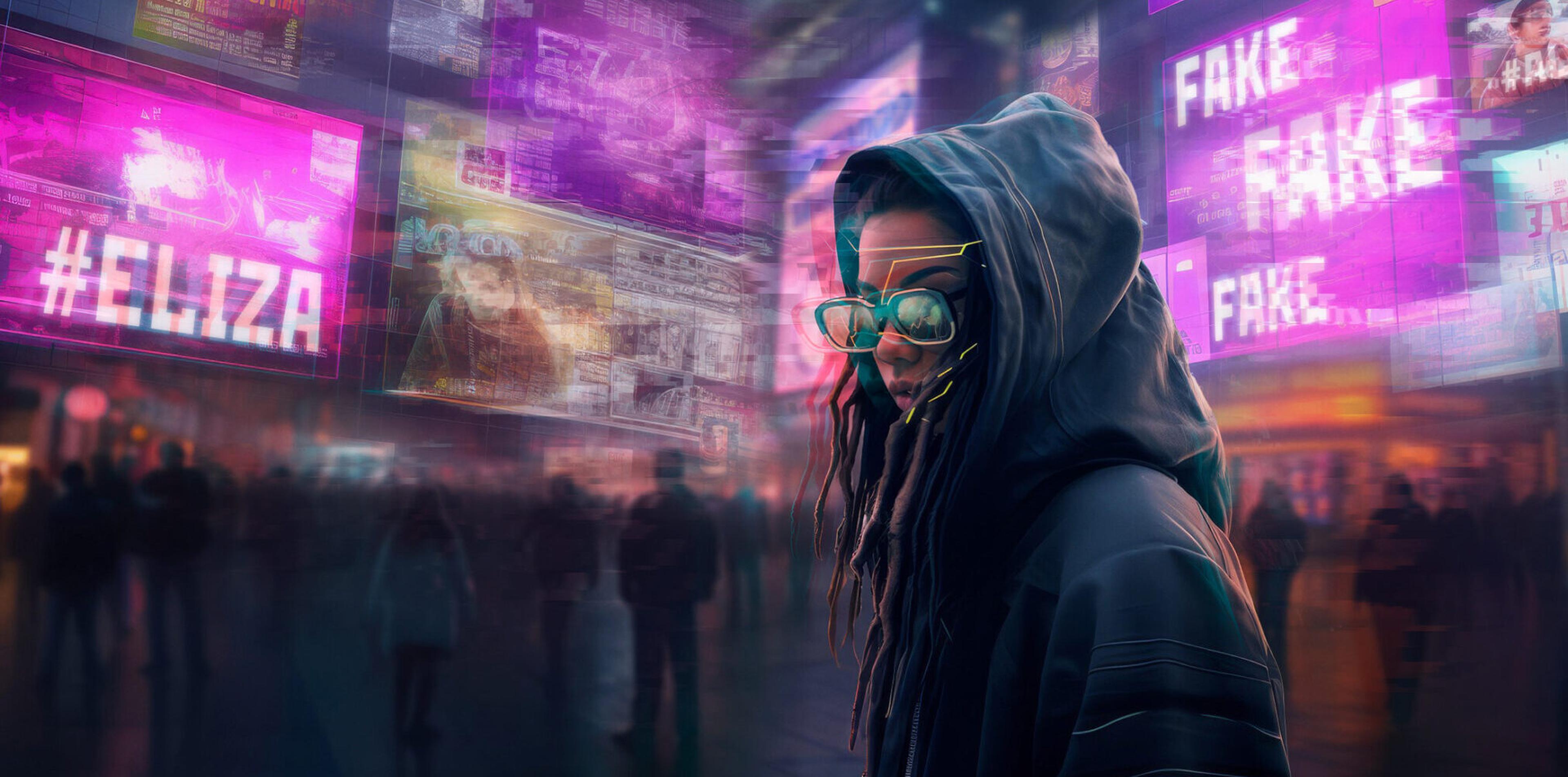 Person mit VR-Brille steht vor Grafiken zu Fake-News