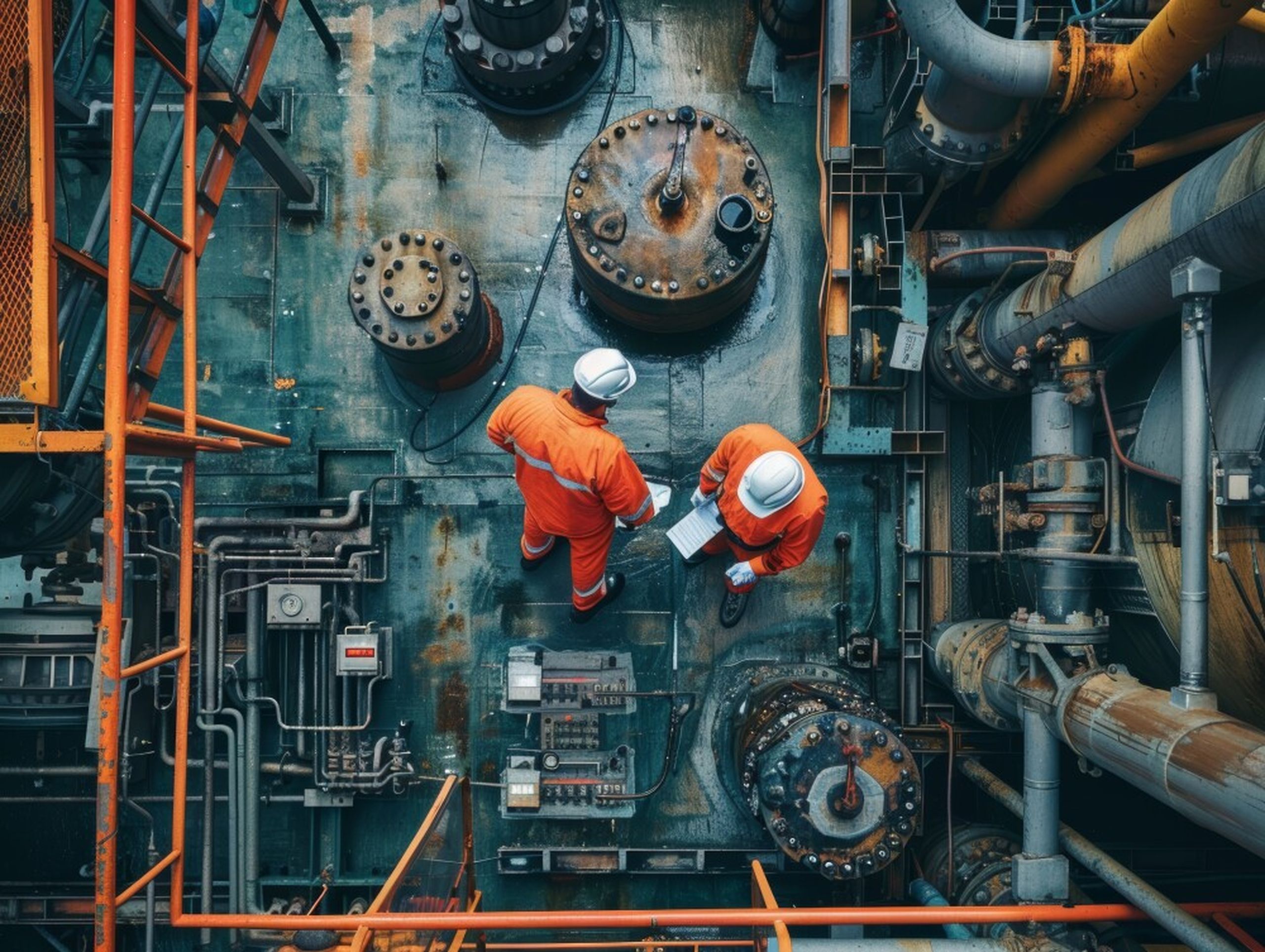 Two maintenance technicians standing in front of large industrial machines.