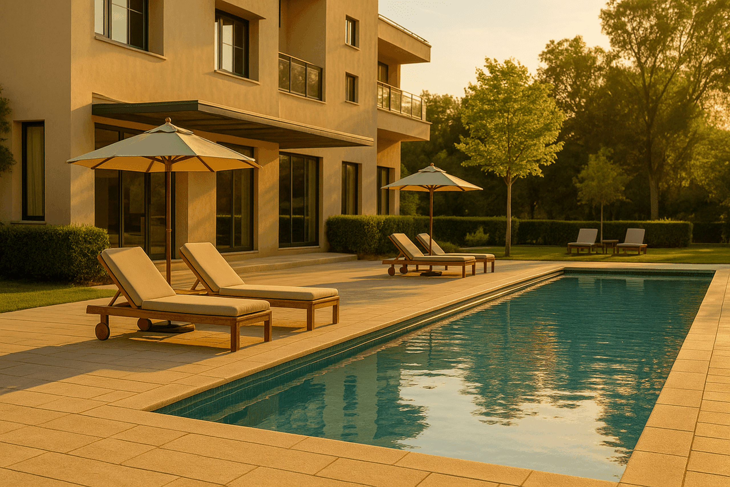 A well maintained pool bathed by warm summer light.