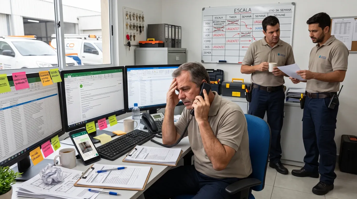 Stressed maintenance manager on the phone at a desk covered in urgent sticky notes while two technicians wait
