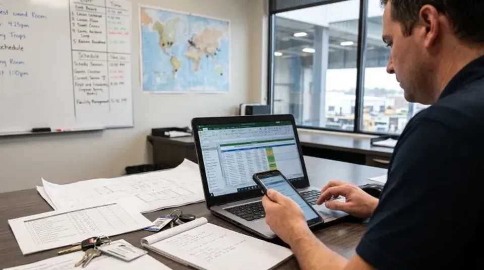 Facility manager reviewing work orders on a smartphone and laptop spreadsheet, with a maintenance schedule on the whiteboard