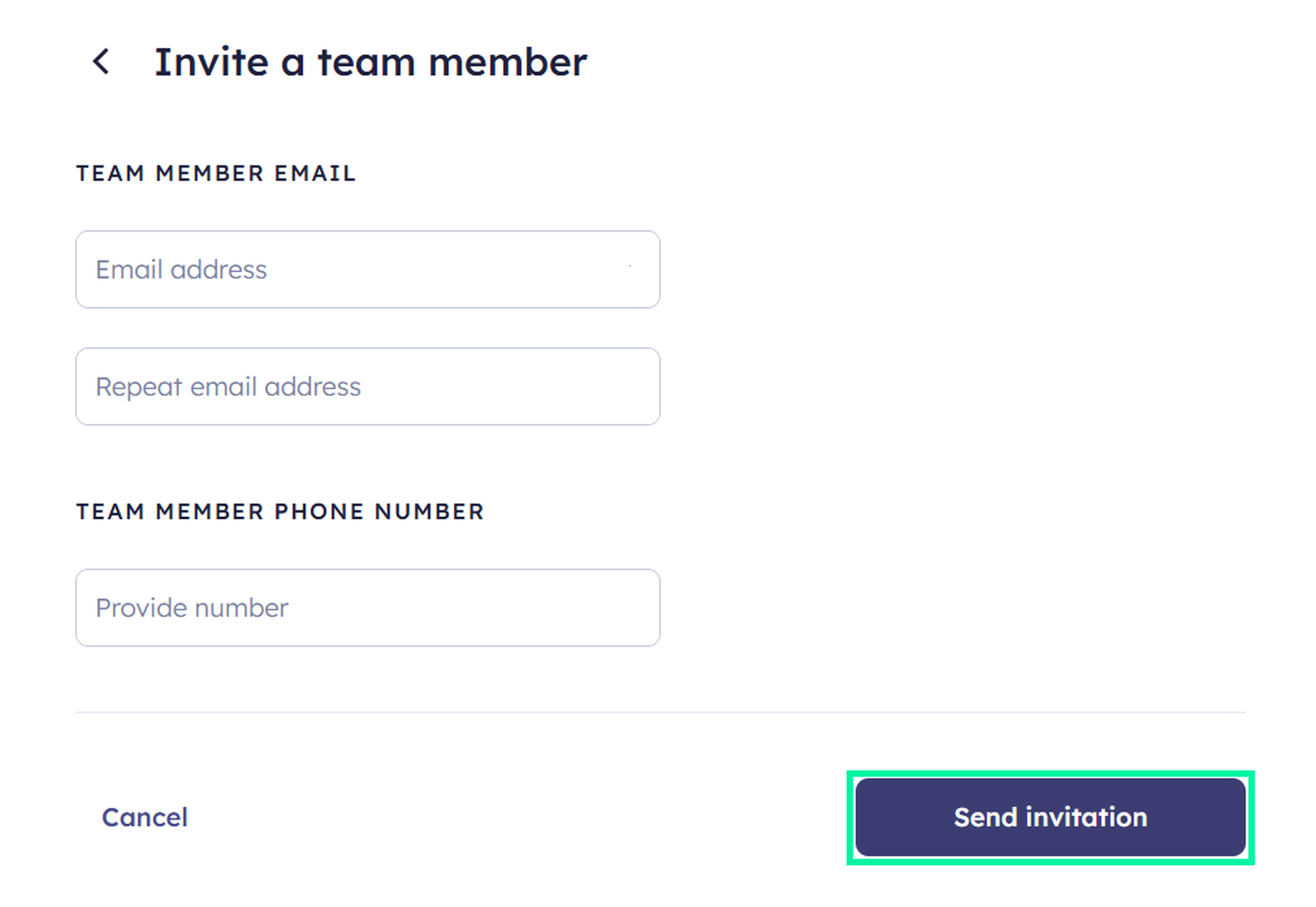 Form to invite a team member with fields for email, repeat email, and phone number. A "Send invitation" button is highlighted.