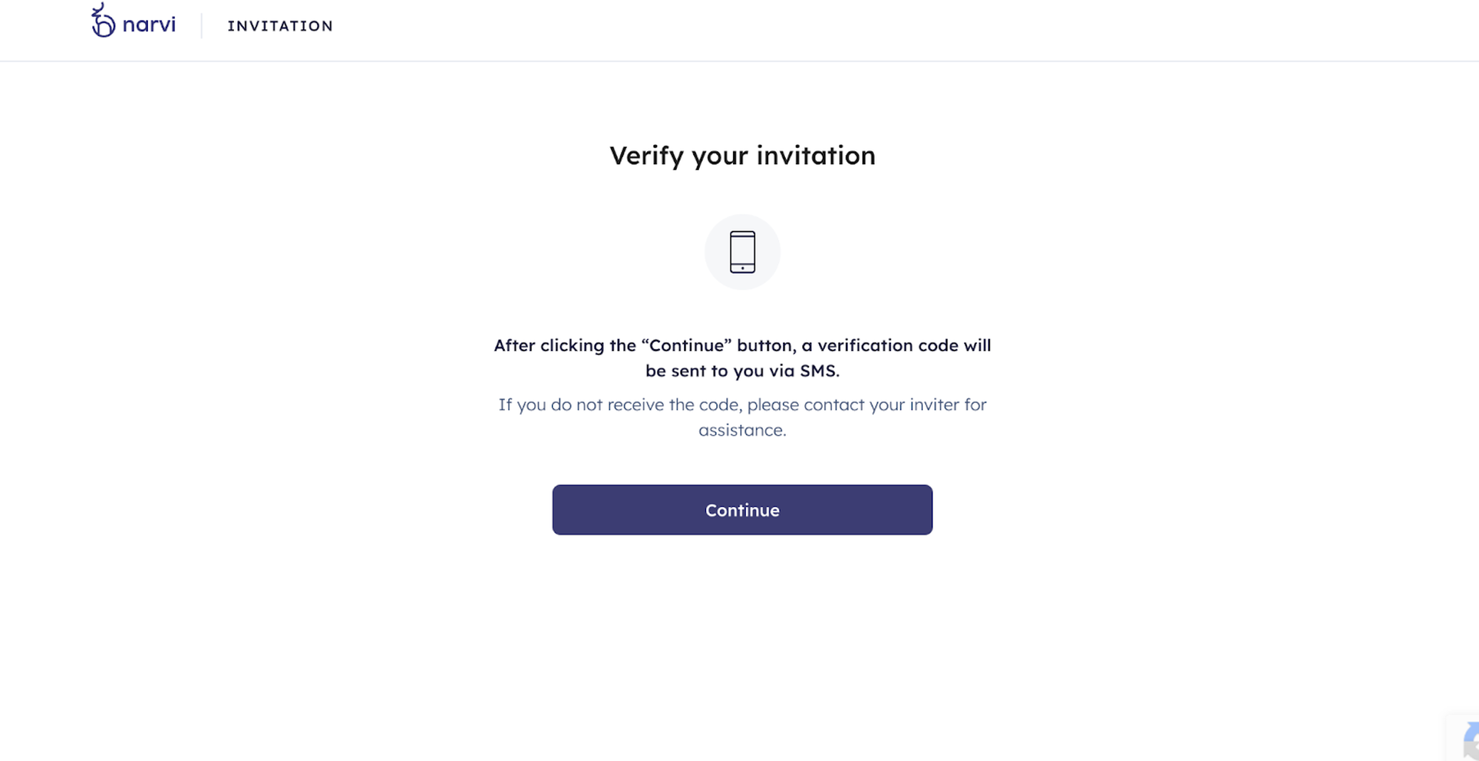 "Verification page with a mobile icon, instructions for SMS code verification, and a 'Continue' button on a white background."