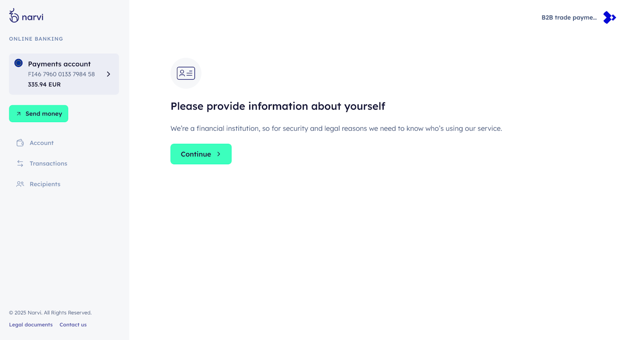 Banking interface prompting for identity verification. Sidebar shows account balance, menu options, and a "Send money" button.