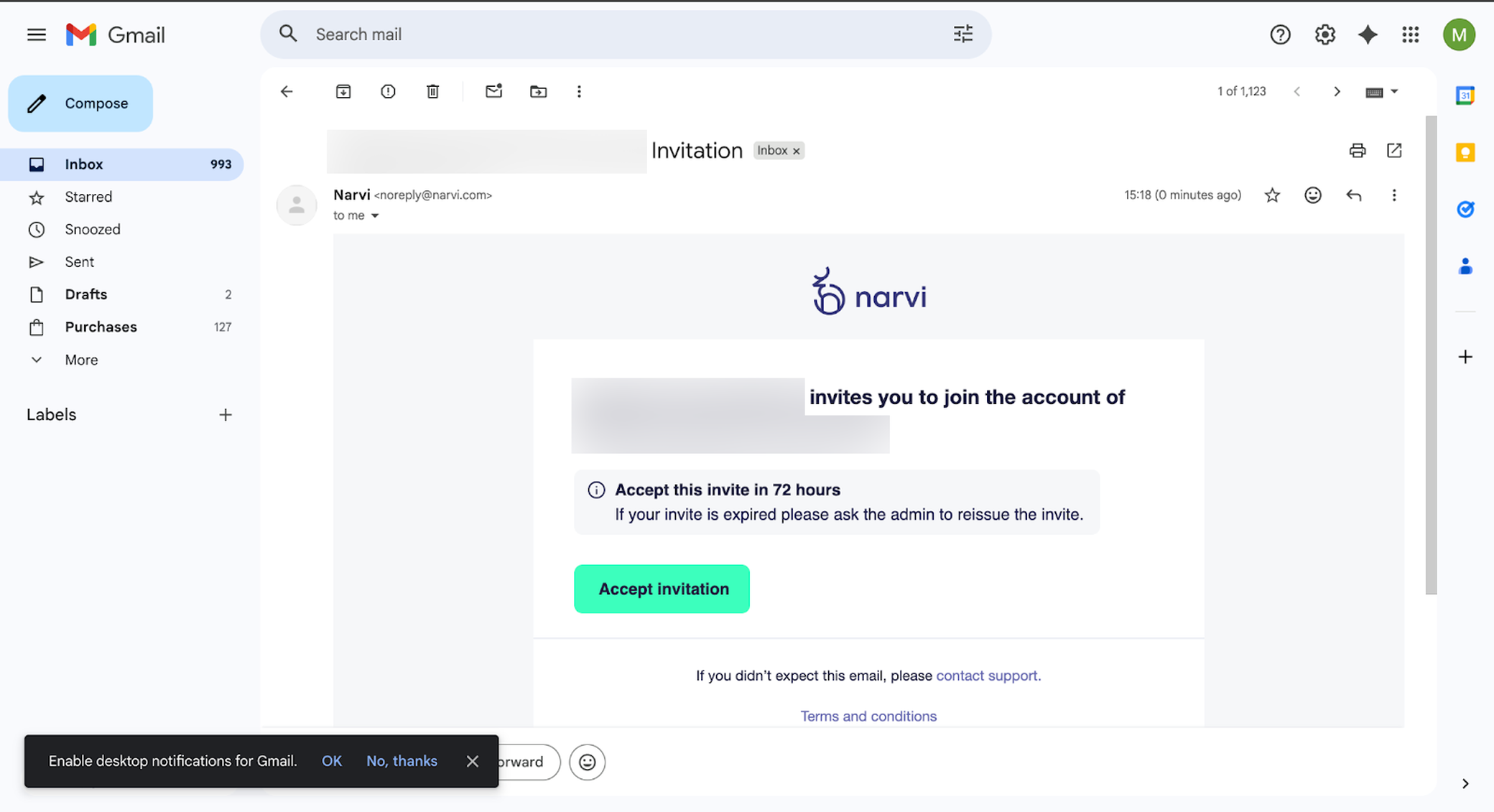 Email in a Gmail inbox from "narvi" inviting the user to join an account, featuring an "Accept Invitation" button.