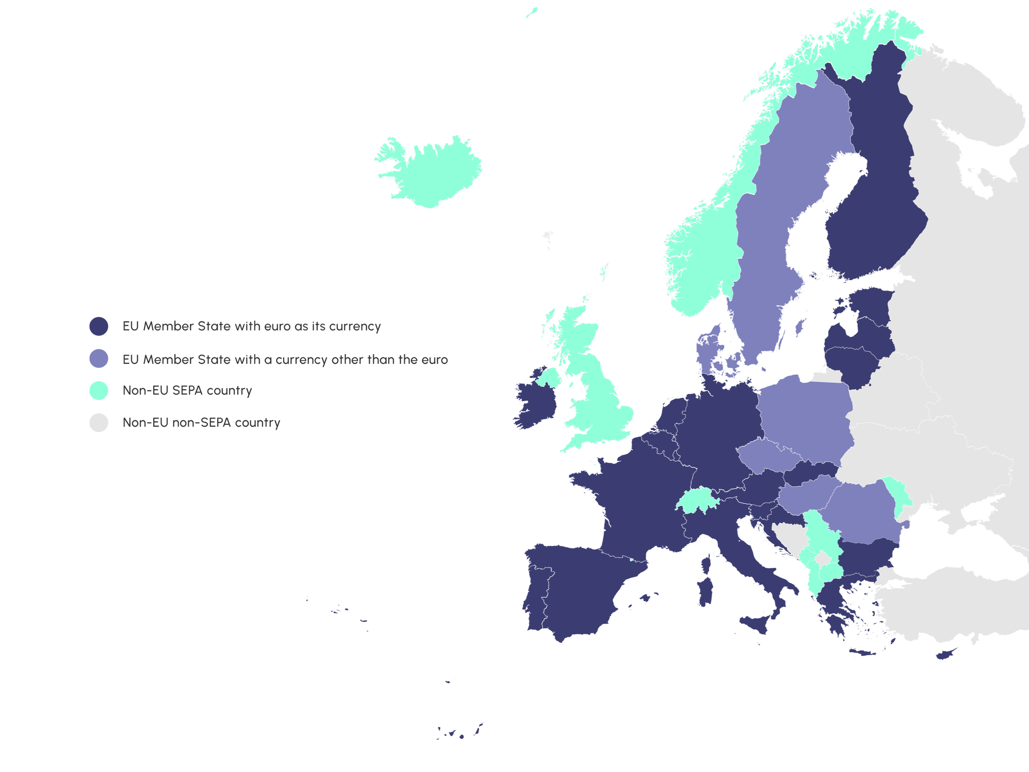 Map of Europe showing EU countries with the euro, EU countries with other currencies, and non-EU SEPA and non-SEPA countries.