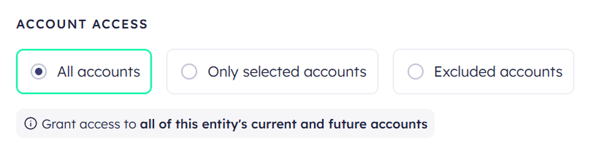Interface for account access selection with options: All accounts, Only selected accounts, and Excluded accounts. "All accounts" is selected.