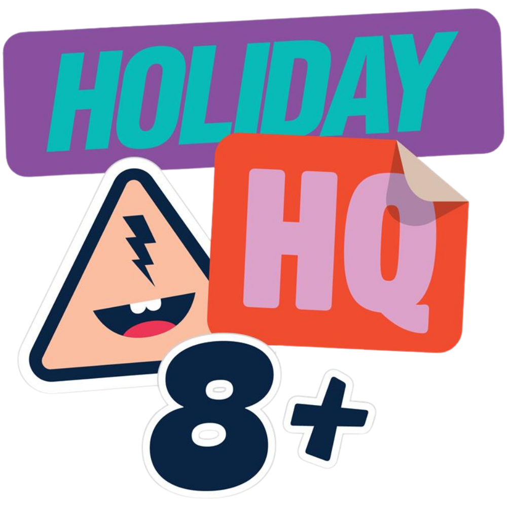 Colorful logo with "HOLIDAY HQ" text, a smiling triangle face with a lightning symbol, and an "8+" age suggestion.