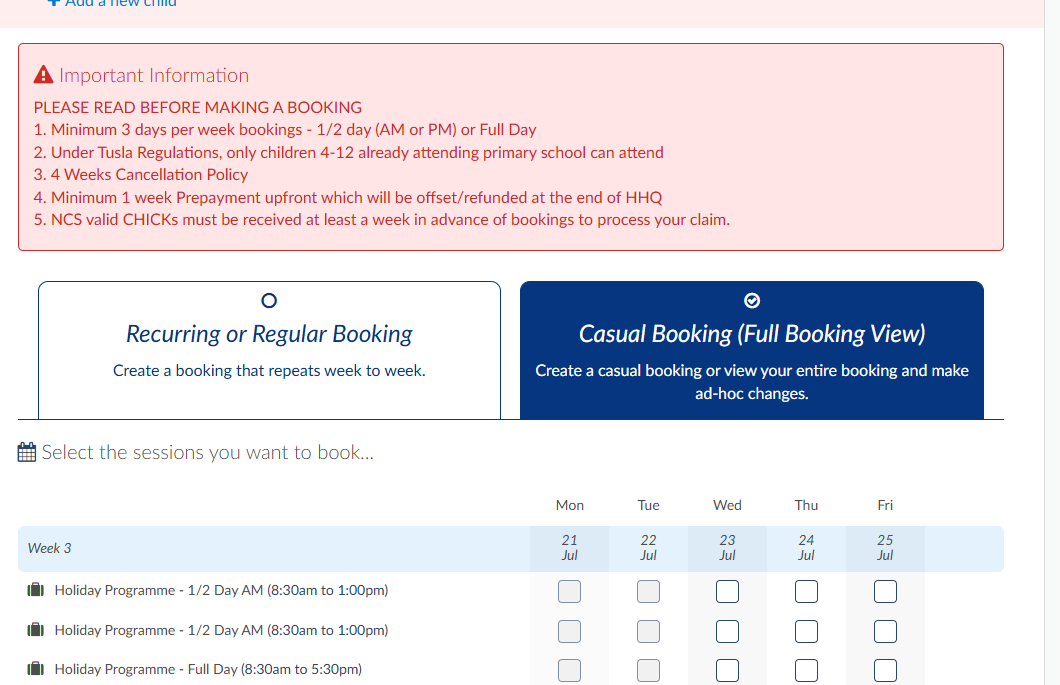 Screenshot - Casual booking
