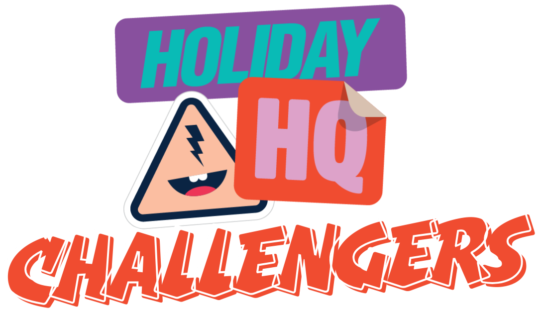 Colorful logo with the text "HOLIDAY HQ CHALLENGERS" and a smiling triangular character.