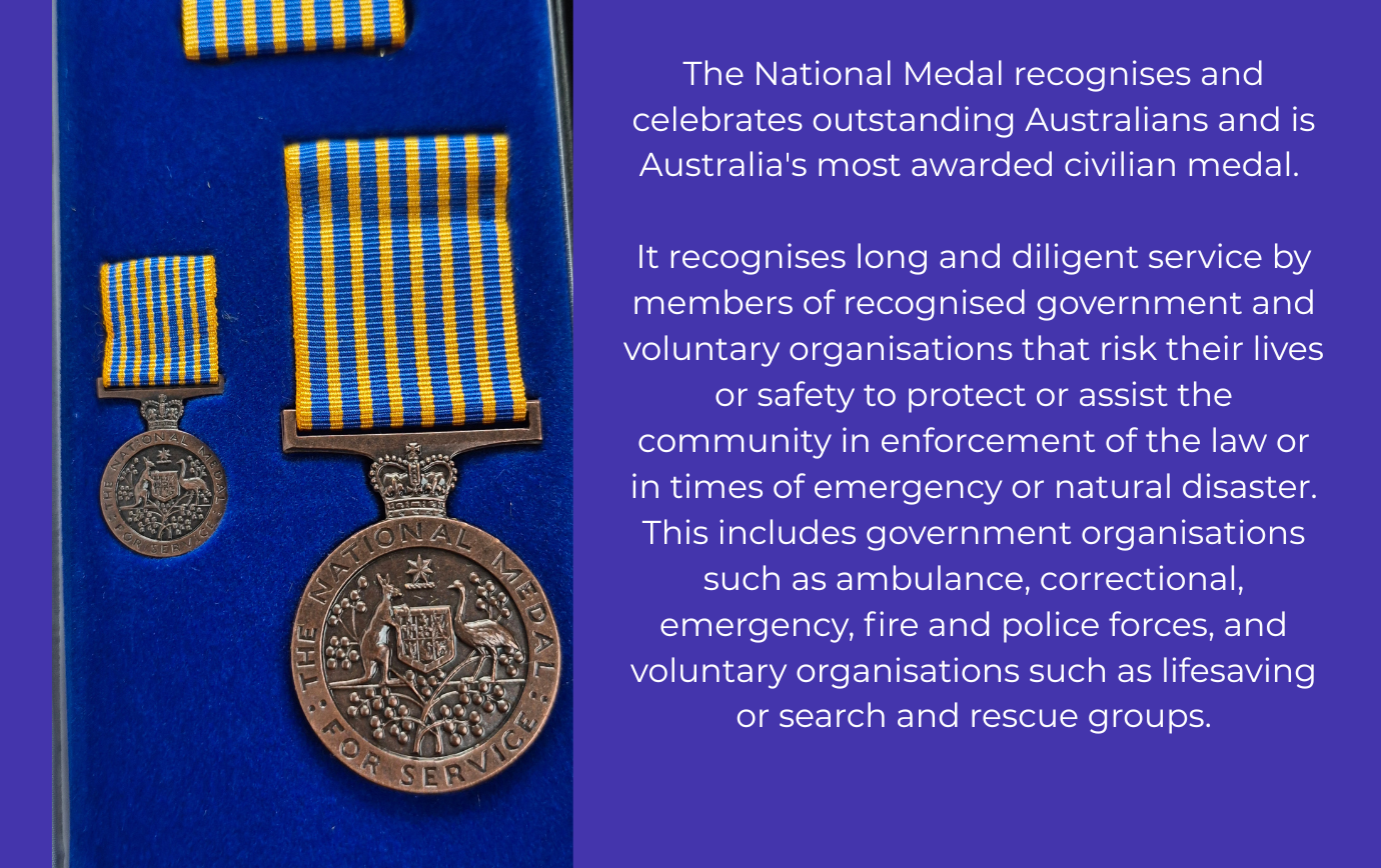 Australian National Medal with yellow-blue stripes on a blue background; text describes its recognition of service in government and voluntary organizations.