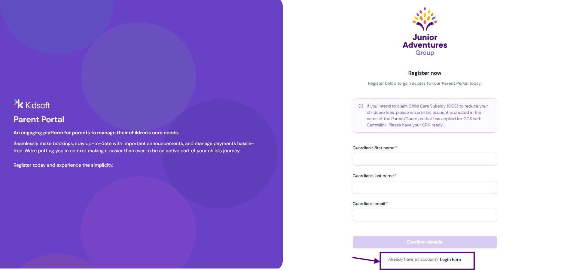 How to enrol screenshot as an existing Kidsoft user